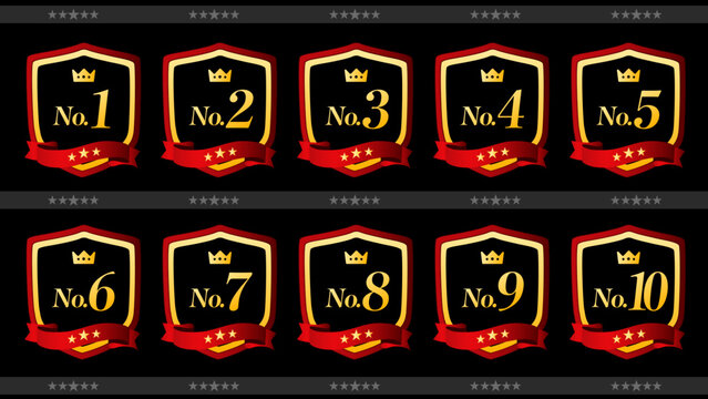高級感のある黒背景のランキングバッジセット No.1〜No.10｜ランキング、順位、表彰、ゴールド、バッジ、盾、リボン、アイコン、ベクター：メダルセットE_20_No1-10