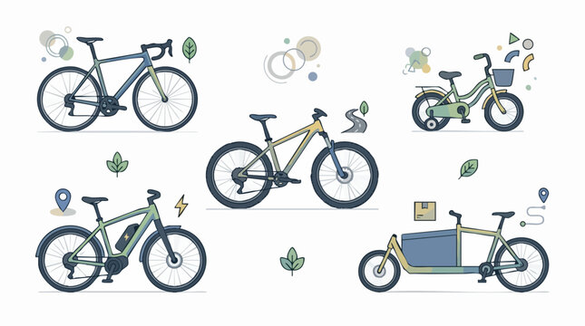 Collection of Bicycle Types: An artistic compilation showcasing five distinct types of bicycles, including a road bike, mountain bike, e-bike, and cargo bike.
