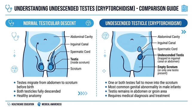 Detailed medical illustration compares normal testicular descent and undescended testicle conditions.