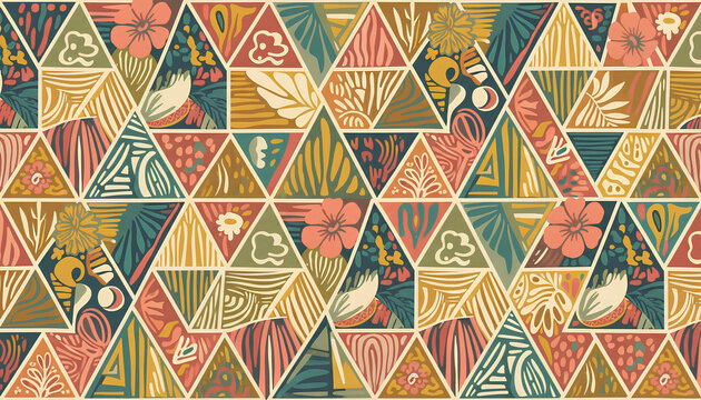 Seamless bohemian patchwork pattern with diverse floral and geometric triangular motifs in earthy tones.