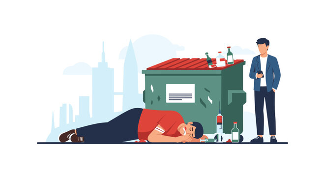 Sad scene of a homeless man lying on the ground near a trash dumpster in a city street with a passerby watching.