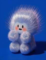 Fototapeta premium Adorable Fluffy White 3D Monster Character with Big Eyes, Rosy Cheeks and Spiky Fur Sitting on Solid Blue Background