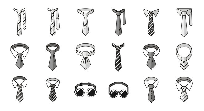 Men Necktie and Cravat Collection with Shirt Collar and Sunglasses Flat Gray Vector Illustration Set