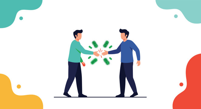 Two men shaking hands with floating green bacteria symbols representing the spread of germs and viral infection.