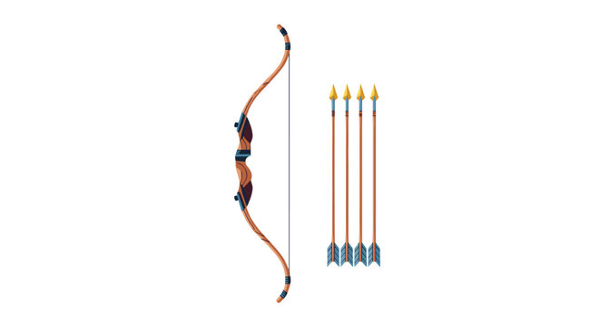Traditional wooden recurve bow and a set of five arrows with yellow tips and blue feathers on white background.