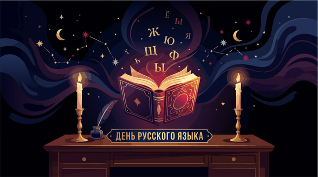 The Enchantment of Language: An open book glows with ancient knowledge, surrounded by celestial patterns and illuminated by flickering candlelight.