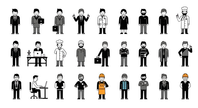 Professional Men Occupation Character Set with Business Doctor Chef Worker Engineer Flat Vector Illustration