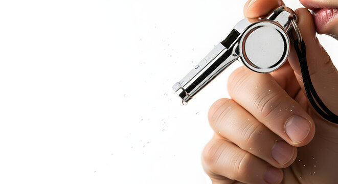 Close-up of a hand holding a silver stethoscope against a clean white background.