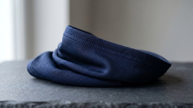 Navy blue neck gaiter buff on dark textured surface indoors