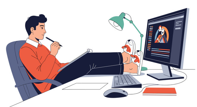 Young man relaxes with his feet up on his desk while working on a computer and taking notes in his home office.