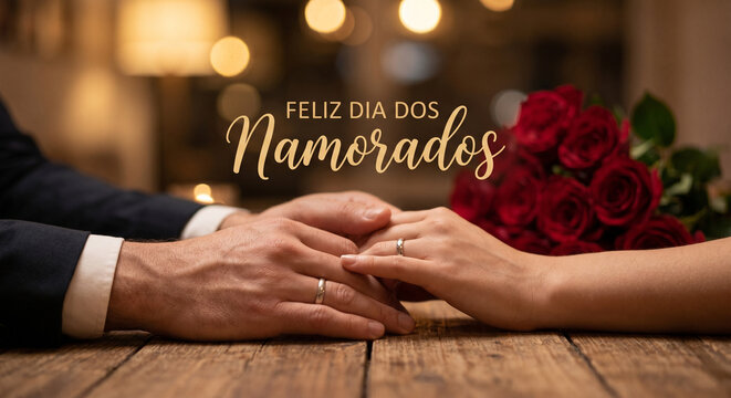 Couple holding hands with wedding rings and red roses for Dia dos namorados celebration