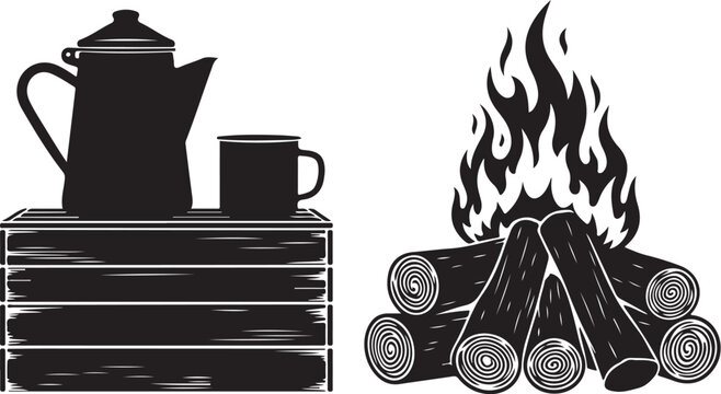 Black and white of campfire and coffee on wooden crate kettle
