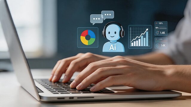 Artificial intelligence chatbot icon with headset floating above laptop keyboard, representing automated customer support, virtual assistant technology, AI communication tools and