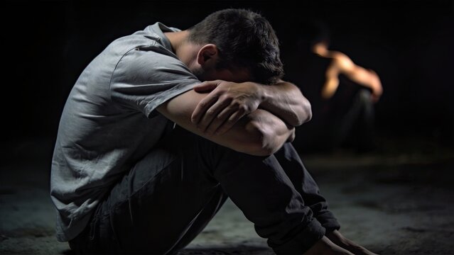Depressed man sitting alone in darkness feeling sad and lonely, mental health crisis concept with shadowy figure in background representing isolation and emotional pain,