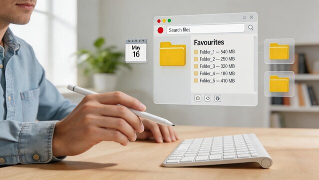 User managing digital files and folders on computer screen, cloud storage organization concept with calendar and search bar interface, office productivity and data administration