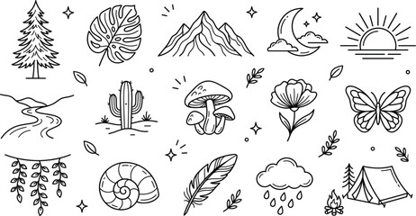 Nature and camping adventure doodle icon set with mountain tree butterfly mushroom tent sunset flower feather leaf vector © Hafizul