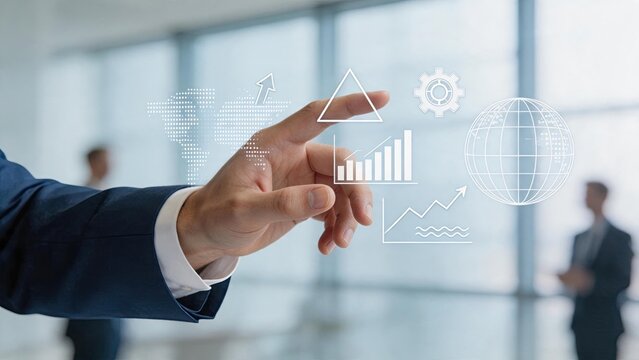Hand touching virtual business icons and charts representing global strategy, corporate management and economic growth concept with world map and gear symbols in office background.