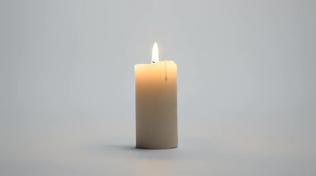 Close-up of a hand slowly placing a single burning wax candle with a bright flame on a seamless white background.