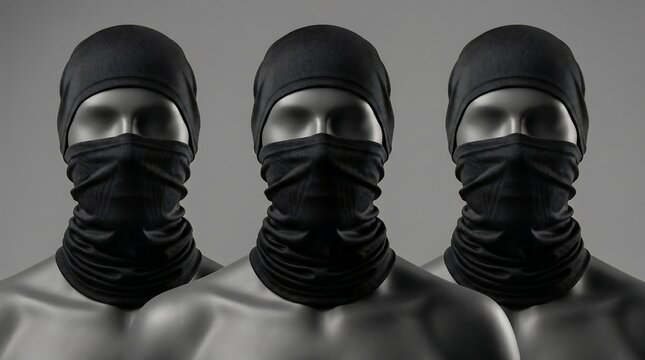 Three mannequins wearing black neck gaiters and beanies