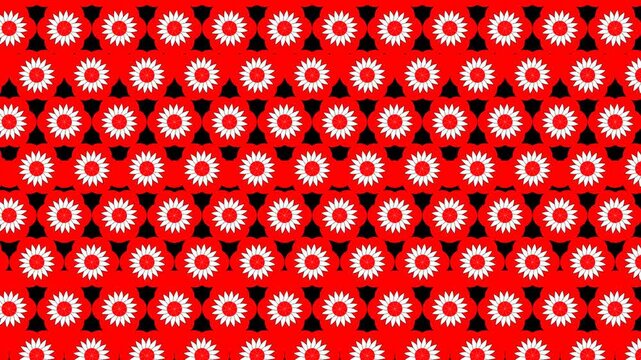Dynamic floral kaleidoscope pattern with vibrant red and white geometric shapes on a black background