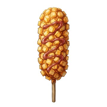 Crispy potato corn dog with drizzled ketchup sauce served on a wooden skewer on white background