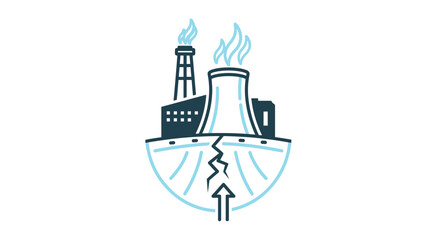 Obraz premium Industrial facility with smokestacks and cooling tower over cracked earth, symbolizing environmental impact, energy production challenges, and geological instability