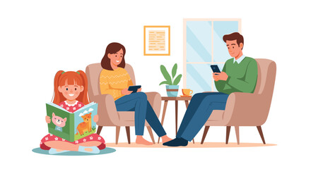 Fototapeta premium Family members relaxing in living room where parents use digital gadgets while young daughter reads a physical book on floor.