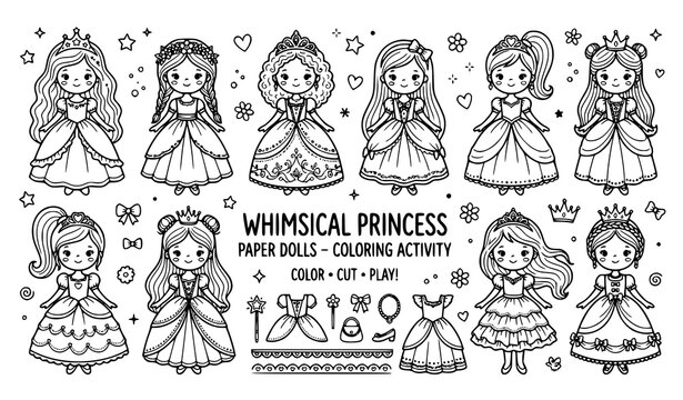 Whimsical Princess Doll Coloring Activity Vector for Girls and Kids Printable Pages