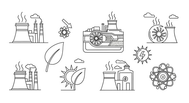Collection of renewable energy and industrial power plant icons, symbolizing environmental and technological advancements