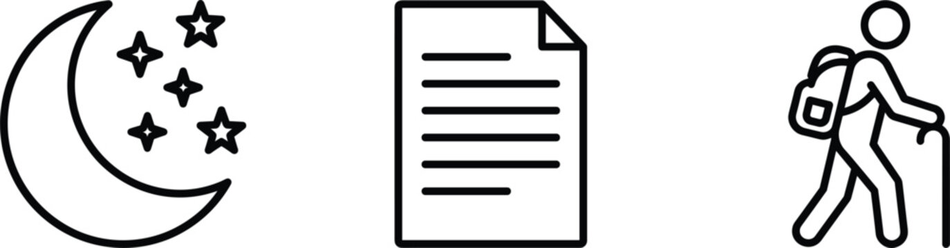Night document and hiking line icon collection featuring moon stars paperwork travel and outdoor adventure concepts illustration