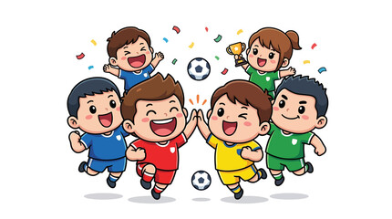 Fototapeta premium Happy cartoon kids jumping and celebrating soccer win with trophy isolated on transparent background