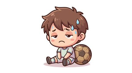 Tired cartoon boy sitting with soccer ball isolated on transparent background © Joyonto