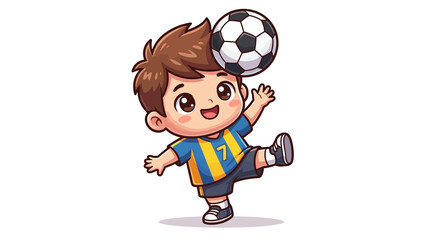 Obraz premium Cute cartoon boy in blue and yellow jersey balancing soccer ball isolated on transparent background