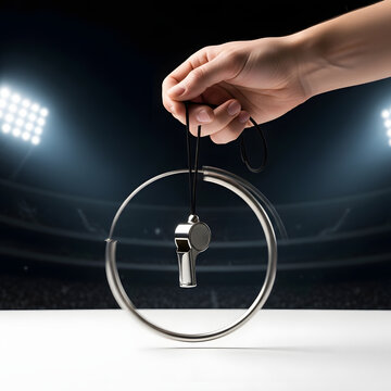 Hand holding a referee whistle on a stadium background with spotlights