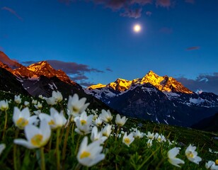 Fototapeta premium Mountain landscape with flowers at dusk nobody serene