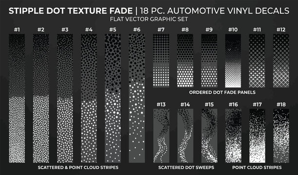 Stipple dot texture fade automotive vinyl decals bundle flat vector graphic set scattered halftone gradient point cloud stripes for cars