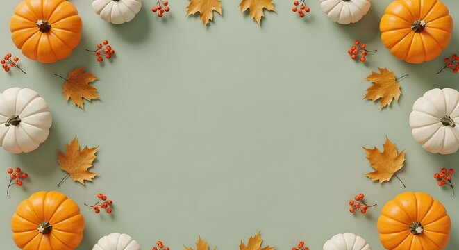 Autumn Halloween pumpkins and leaves arranged in circular pattern on light background