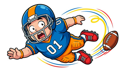 Cartoon american football player diving for the ball, isolated on transparent background © Joyonto