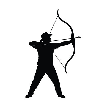 Archer aiming with bow and arrow black silhouette vector art illustration.