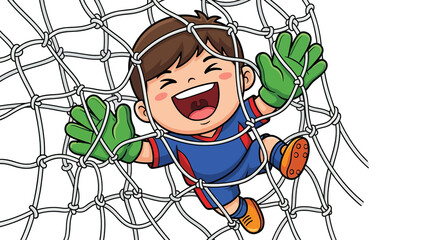 Happy cartoon goalkeeper boy tangled in soccer net isolated on transparent background