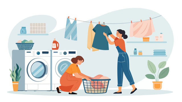Women hanging clothes on a line in a laundry room with washing machines and plants washing machine folded clothes folding laundry doing laundry day two people joint activity household