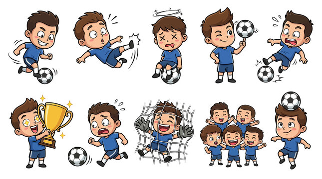 Set of cartoon boy soccer player actions and emotions, isolated on transparent background