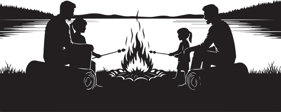 Black silhouette of family roasting marshmallows by campfire