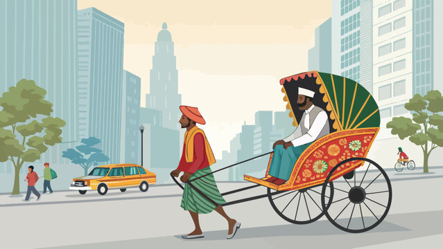 Rickshaw driver pulling a colorful rickshaw on a city street with traffic and pedestrians public transport cycle rickshaw daily life manual labor rickshaw transport pedestrians buildings