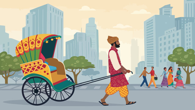 Rickshaw puller in traditional indian attire walking through a city street with modern buildings and people public transport cycle rickshaw driver daily life manual labor rickshaw