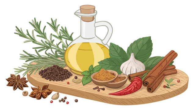 Selection of fresh herbs spices garlic chili olive oil on a wooden board with spice mix spice blend spice rack spice collection spice assortment spice variety spice presentation spice ingredien