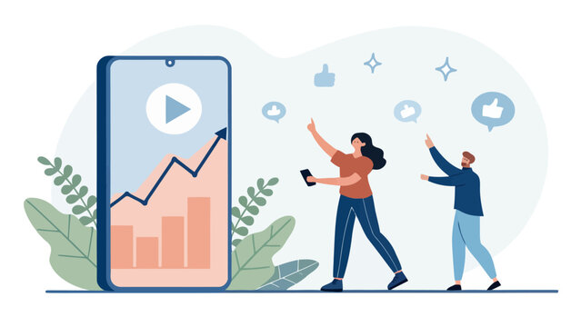 Two people interacting with a large smartphone displaying a positive growth chart flat design social media business statistics smartphone technology analysis marketing strategy performance