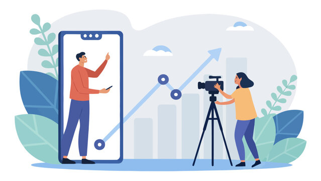 People filming a on a smartphone with a growth chart and camera on tripod content creation flat design smartphone business technology production marketing statistics analysis progress