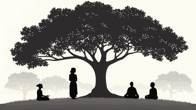 Group of people meditating under a large tree silhouette with a standing figure teaching lotus pose meditation silhouette teaching learning instructor students standing outdoors serenity