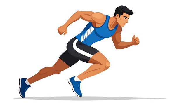 Athletic man in blue tank top and black shorts sprinting forward